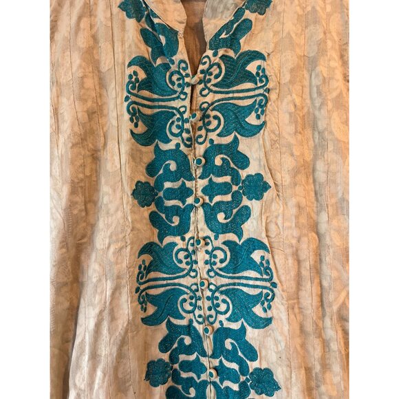 Vintage Beige & Teal Button-Front Dress With Embroidered Floral Patterns & Cap S - Picture 2 of 13